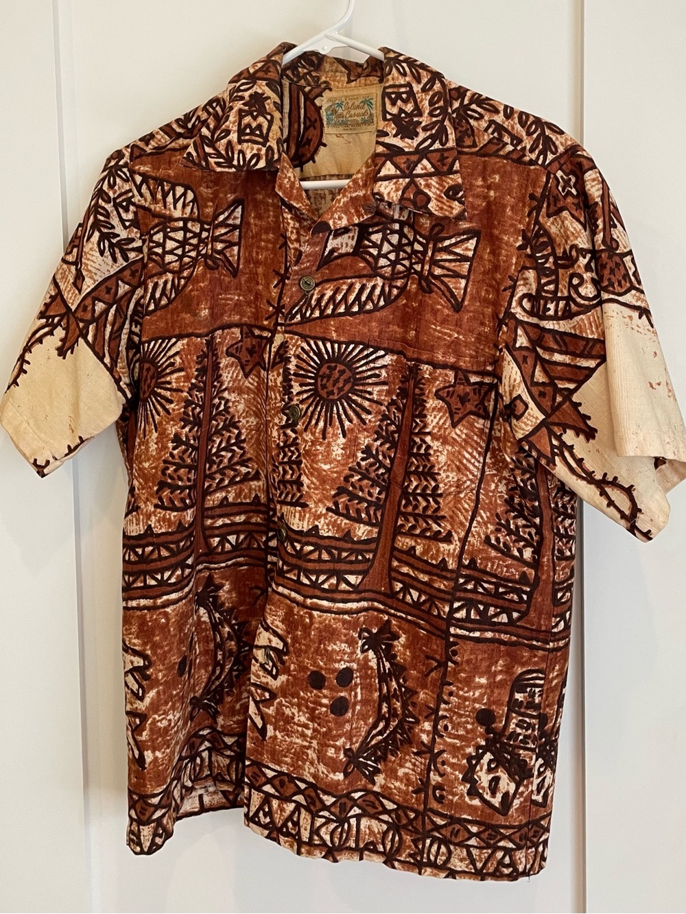 Island Casuals 1960's Hawaiian Shirt Brown and Tan Patterned Men's Large Vintage